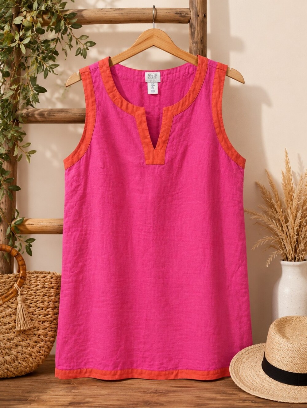 Sigrid Olsen Vibrant Pink Sleeveless Shift Dress with Orange Trim